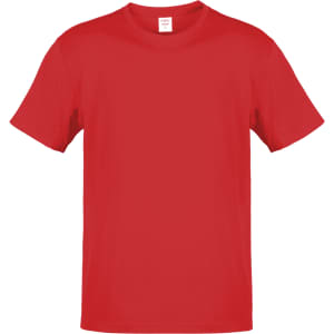 A red adult T-shirt with a crew neck and short sleeves. It has a blank design and includes a logo.