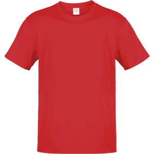 A red adult T-shirt with a round neckline and short sleeves. It includes a tag and features a logo.