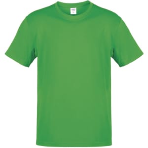A green adult T-shirt with short sleeves and a standard crew neckline. It features a logo on the front.