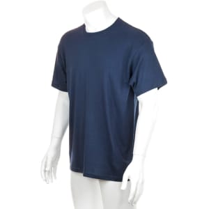 A navy blue adult T-shirt displayed on a mannequin, featuring short sleeves and a relaxed fit.