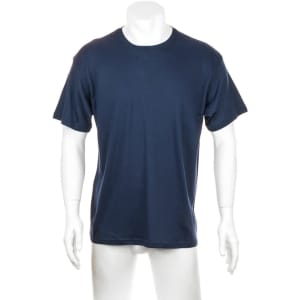 A navy blue adult T-shirt displayed on a mannequin, featuring short sleeves and a round neck. It has a logo.