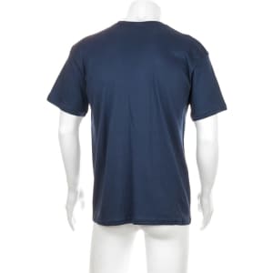 A navy adult T-shirt displayed on a mannequin from the back, featuring short sleeves and a simple design.
