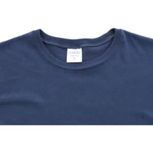 A navy blue adult T-shirt with a round neckline and a logo on the label.