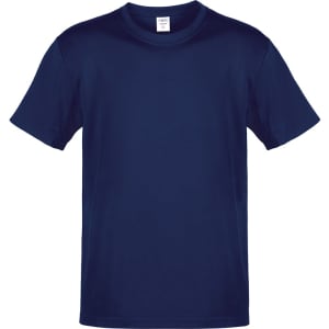 A navy blue adult t-shirt with short sleeves and a tag inside. It features a logo on the label.