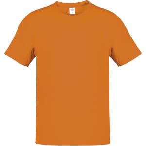 An orange adult T-shirt featuring a simple design and a visible logo on the label.