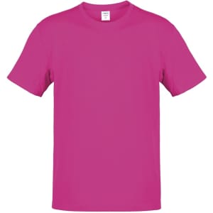 A pink adult t-shirt with a round neck and short sleeves. It features a logo on the front.