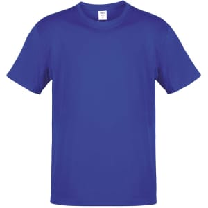 A plain blue adult T-shirt featuring a crew neck and short sleeves, with a small logo on the tag.