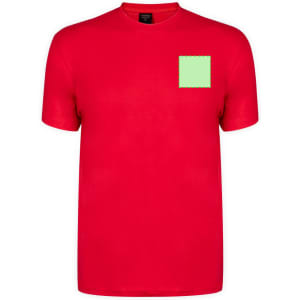 A red adult T-shirt with a green square patch on the front and a logo on the label.