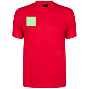 A red adult T-shirt featuring a green square on the upper left side and a logo.