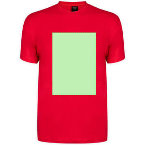 A red adult T-shirt featuring a green blank rectangle design in the centre. It has a branding logo on the label.