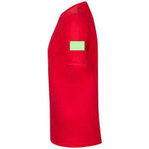 A red adult T-shirt with a green label on the sleeve, featuring a simple design and no other embellishments.
