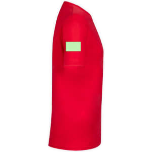 A red adult T-shirt displayed from the side, featuring a green patch on the sleeve and no visible branding.