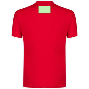 A red adult t-shirt featuring a rectangular area in a light colour on the back. It has a logo or branding.