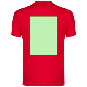 A red adult t-shirt featuring a large green rectangular design on the back. The shirt has a logo.