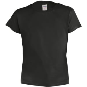 A black kids' T-shirt with short sleeves and a branding label at the neck.