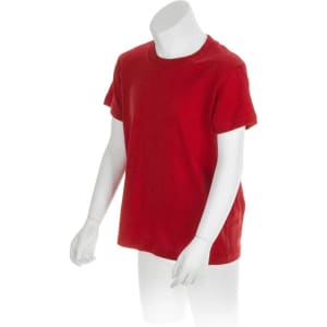 A red kids' T-shirt displayed on a mannequin. The shirt has short sleeves and a round neckline.