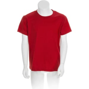 A red children’s T-shirt displayed on a plain mannequin, featuring short sleeves and a crew neck design.