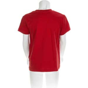 A red children's T-shirt displayed on a mannequin, featuring short sleeves and a plain design at the back.