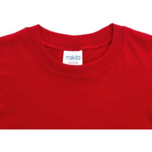 A red children's T-shirt with a round neckline and a brand label inside.