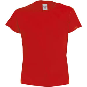 A bright red kids' T-shirt with short sleeves and a label inside, featuring a logo.