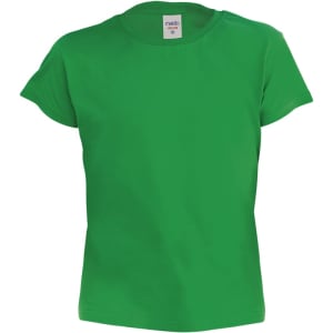 A green T-shirt with short sleeves and a crew neckline, featuring a label inside.