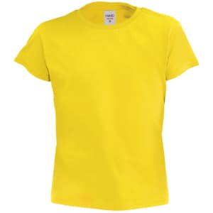 A bright yellow children's t-shirt with short sleeves, featuring a label inside and no visible logos.