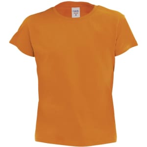 An orange kids' T-shirt with short sleeves, featuring a label and no visible branding.