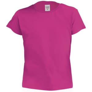 A pink kids' t-shirt with short sleeves and a label inside. The shirt has a simple design and no visible logos.