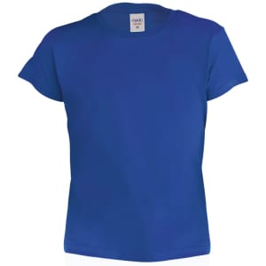 A blue kids' T-shirt featuring a crew neck design and short sleeves, with a label inside.