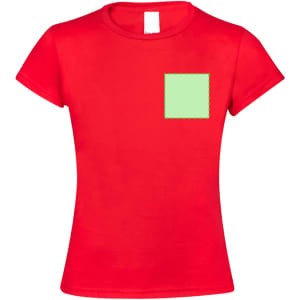 A red kids' T-shirt featuring a green square on the front and a logo on a tag.