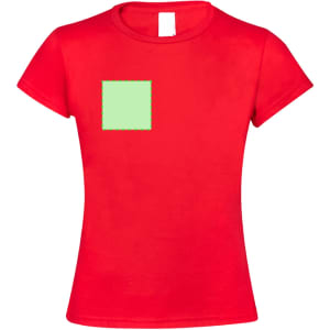 A red kids' t-shirt featuring a square patch in light green, with a logo on the t-shirt.