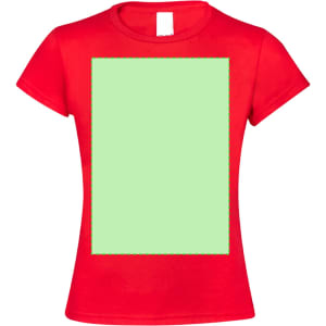 A red children's T-shirt featuring a blank green square for custom designs. It has a logo on the label.