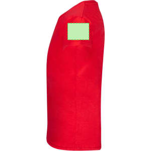A red children's t-shirt featuring a green section on the upper arm. The shirt has a logo on it.