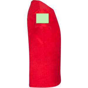 A bright red kids' T-shirt with a logo on the sleeve, featuring a simple, classic design.