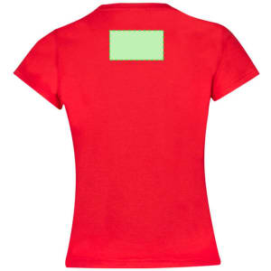A red kids' t-shirt featuring a back label area and short sleeves, with a logo on the back.