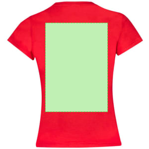 A red kids' t-shirt with a plain green rectangular space on the back and a logo on the front.
