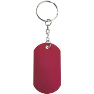 A red keyring with an oval-shaped tag attached to a metal chain and keyring.