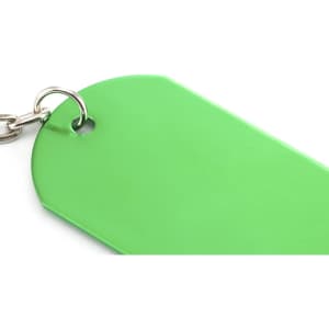 A green keyring with a circular hole for attachment, featuring a simple, flat design.