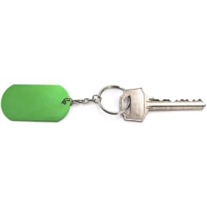 A green keyring attached to a silver key, featuring a round keychain.