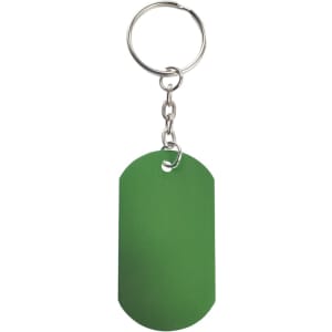 A green keyring with a metal loop and chain, suitable for attaching to keys or bags.