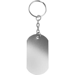 A silver keyring featuring a smooth, brushed metal tag attached by a chain to a circular ring.