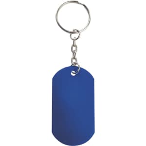 A blue keyring with a simple oval tag and a metal keychain attachment.