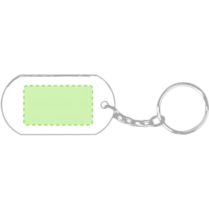 A green keyring with a chain, featuring a rectangular area for personalisation.