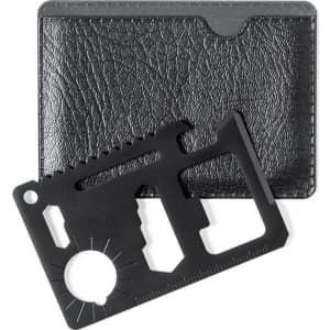 A black multitool card featuring various tools and a black leather cardholder. The multitool has a logo.
