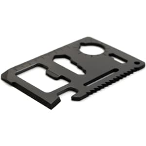 A black multitool card featuring various functions, including a ruler, bottle opener, and saw edge, with a logo.