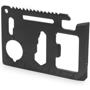 A black multitool in a credit card shape featuring various tools and a ruler design.