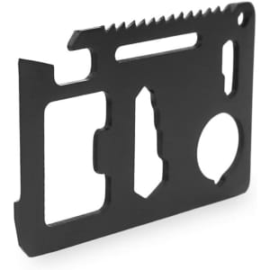 A black multitool in a card shape featuring various cutouts for different functions. It includes a logo.