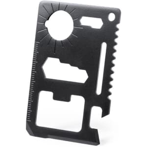 A black multitool with various practical features, including a ruler, bottle opener, and serrated edge.