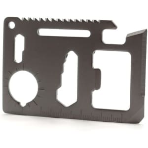 A black multitool credit card-sized tool with various functions, including measurements and cutouts, featuring a sleek design.