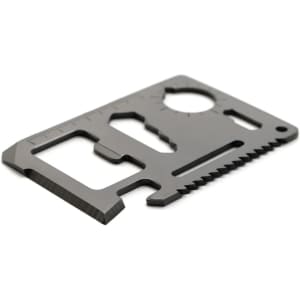 A black multitool with various functions, including a saw edge and measurement markings. Features a logo on the surface.